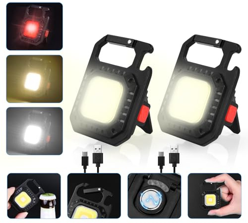 URAQT Mini Linterna LED, 2PCS Llavero Abrebotellas COB Linternas, 800 Lúmenes USB Bolsillo Linternas con Magnética Abrebotellas Gancho, Impermeable Mini Lámpara de Inspección para Camping Emergencia