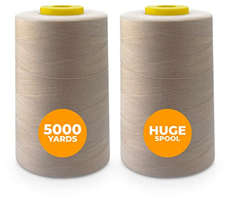 Weemex 2 bobine di filo per cucire in poliestere | 11 opzioni | per macchina da cucire, overlock, Brother, ecc | filo da 5000 Metri ciascuno 40S/2 per tutti gli usi (2 Toasted Beige)