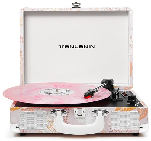 Pink Floral Vinyl Record Player with Built-in Speakers & USB Recording, Vintage 3-Speed Bluetooth Portable Suitcase Turntables Belt-Driven LP Player Support AUX/RCA/Headphone Jack