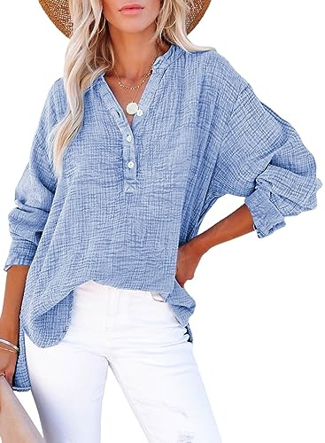 Dokotoo Women's Tops, Tees & Blouses Summer Fashion Cotton Long Sleeve Shirts for Women Button V Neck Blouses Basic Ladies Work Office Dressy Casual Blouses Soft Loose Fit Tunic Top Sky Blue L