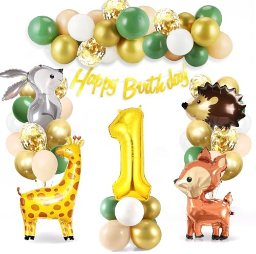 Bluelves 1 Geburtstag Deko Junge Mädchen, Waldtiere Geburtstag Deko 1 Jahr, Dschungel Kindergeburtstag Deko 1 Jahr, Deko 1. geburtstag Junge Mädchen, Safari Ballon Geburtstagsdeko, Nummer- 1