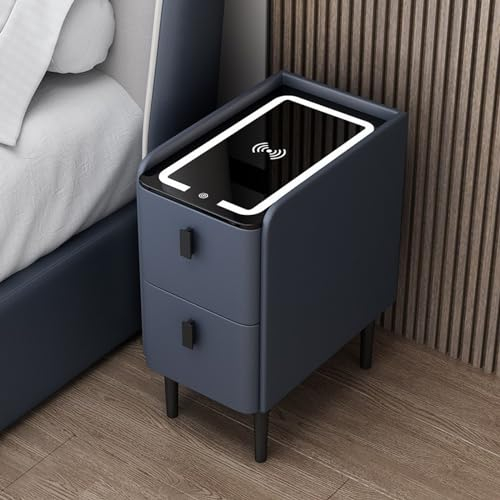 QTQHOME smart bedside table with wireless charging station led lights nightstand home gadgets modern Narrow Nightstand with 2 Drawer home tech(40 * 40 * 48CM, Beige)