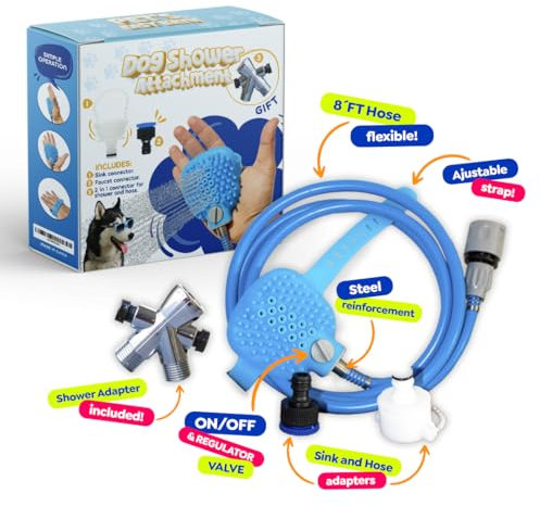 Dog Shower Attachment - Kit Pet Washing - Hose Grooming Brush - Scrubber for Bath - Cats and Dogs Bathing Supplies, Easy Installation, With Water Diverter and Sprayer, Metal Reinforcement