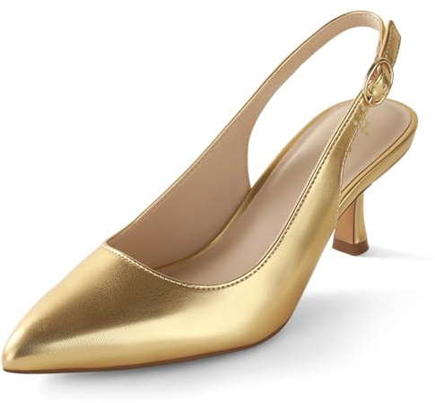 Ankis Slingback-Absätze für Damen, geschlossene Zehen, Damen-Pumps mit Kätzchen-Absatz, Hochzeit, Party, Freizeitkleidung, Gold PU, 40.5 EU