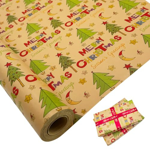 Gift Wrapping Paper Roll for Christmas: Large Size 76cm x 12M Recyclable Kraft Paper Printed with Christmas Tree and Star Moon for Gift Decoration