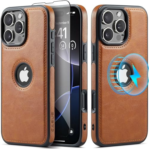 Sibada Leder Hülle für iPhone 16 Pro Kompatibel mit Kabelloses Laden, Logo Sichtbar, Premium Veganes Leder Klassisch Elegant Handyhüllen (2024) 6.1 - Braun