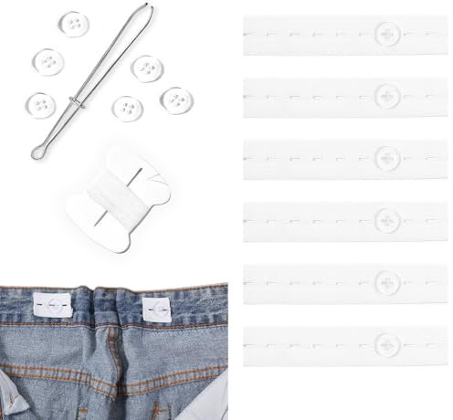 Piriuuo 6 Stück Hosenversteller, Verstellbare Elastischer Hosenbund Hosen Taillenspanner Hosen Enger Machen Clip Flache Nähbandspule mit Knopflöchern Hosenbund Enger für Hosen Jeans Rock Damen Herren