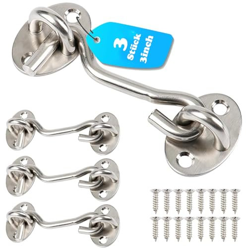 3 Stück Storm Hook, 3inch Storm Hook, Fensterhaken Sturmhaken mit 12 Stk Montage Schrauben für Garagentor Fenster Scheunentor(Silber)