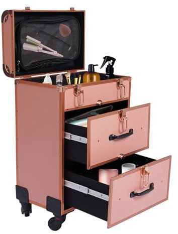 Kosmetikkoffer Trolley, Kosmetik Trolley mit 2 Schubladen und Räder, Make up Koffer Kosmetikkoffer für Friseure, Nageltechniker und Kosmetiker (Gold)