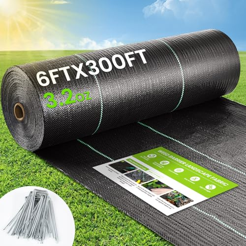 Weed Barrier Fabric, 6x300ft Landscape Fabric, 3.2oz Heavy Duty Durable Woven Geotextile Fabric, High Permeability Ground Cover Mat, Driveway Fabric, Garden Weed Control Cloth with 20 U-Securing Pegs