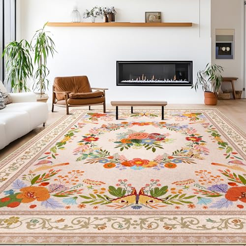 GthreeD Alfombra de salón lavable de 200 x 300 cm, de pelo corto, grande, oriental, vintage, suave, antideslizante, para dormitorio, comedor, cocina, flores, beige