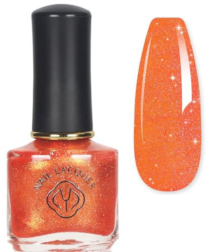 Orange Pearl Holographic Nail Polish - Mermaid Pearlescent Shell Glitter Varnish, Quick Dry Shine & Reflective Art Gifts for Women
