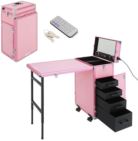 Nagelbord, manikyrbord, hopfällbart mobilrullande manikyrbord med fjärrkontroll och sminktåg, nagelbord med 4 lådor för hemtekniker, spa, skönhetssalong, arbetsplats (rosa)