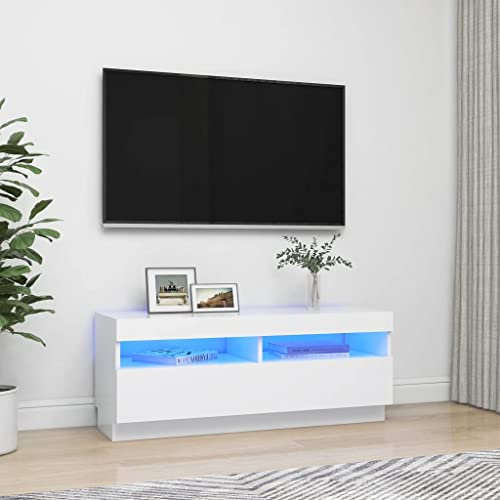 Moderno soporte de TV LED para televisores de hasta 50 pulgadas con aparador, armario, consola central de entretenimiento minimalista para dormitorio y sala de estar, color blanco