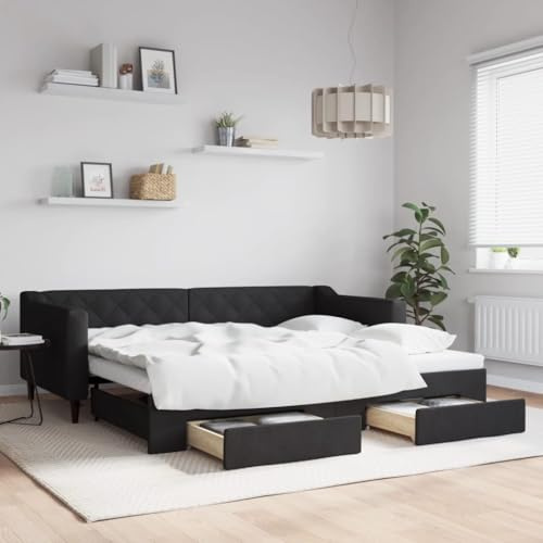 LAPOOH Tagesbett Ausziehbar mit Schubladen Schwarz 90x200 cm Stoff, Schlafsofa, Daybed, Bettsofa, Sofa Bed, Sofabett, Schlafcouch, Jugendbett, Bettgestell, Bettcouch - 3197464