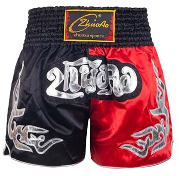 Bascabeen, Pantaloncini da Boxe per Bambini Muay Thai, Pantaloncini da Combattimento per Formazione, Grappling, Arti Marziali e Kickboxing, Nero e rosso, XL