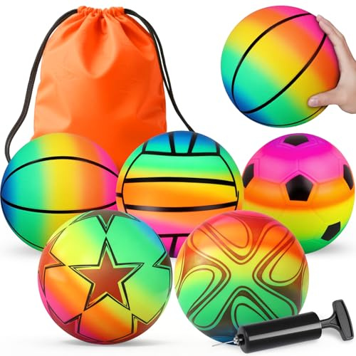 Mechaniker 5 Pack Sports Balls Set, 25cm Kids Toys with Soccer Basketball Volleyball, Soft Rubber Bouncy Playground Kickball for Indoor Outdoor Pool Play, Office Birthday (with Bag, Air Pump)