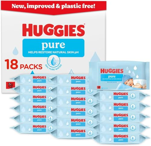 Huggies Pure Plastic Free Baby Wipes - Pack of 18 (864 Wipes) - 99% Water Wet Wipes, Fragrance Free, Hypoallergenic, Better Cleaning, Soft and Gentle on Babies' Delicate Skin