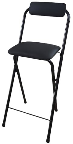 Sgabello da bar pieghevole portatile con schienale imbottito in ecopelle, per interni ed esterni, altezza 55,9 cm, design salvaspazio nero