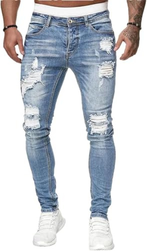 Pantaloni della Tuta da Uomo Pantaloni Jeans con Foro Sexy Pantaloni Elasticizzati Skinny Strappati Maschili Pantaloni A Matita Blu da Motociclista Sottili, Image Color15, 3XL