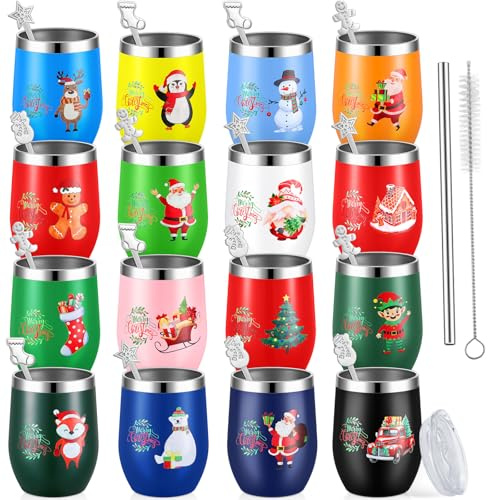 Sliner 16 Pcs Christmas Funny Wine Tumbler Spoon Set 12 Oz Stainless Steel Tumbler with Straw Brush Double Wall Insulated Travel Coffee Mug for Christmas Xmas Party Decorations Holiday Gift (Colorful)