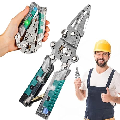 2025 New Tuvilo Electrical Pliers，Pliers with Screwdriver & Wire Stripper – Folding Design, Cr-V Steel, Cuts, Strips, Crimps, Voltage Test, Portable Hand Tool for Home, Auto, and DIY Repair