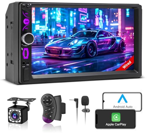 KMUTZY Radio Coche 2 DIN con CarPlay y Android Auto, Estéreo de Coche de Doble DIN de 7, Pantalla táctil HD, Enlace de Espejo, USB/AUX,Radio de Coche FM, cámara de Respaldo