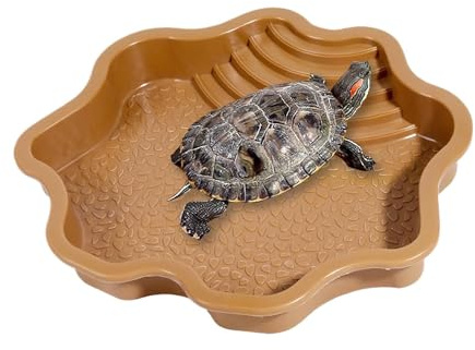 Pewihyer Extra Large Reptile Bathing Pool Reptile Feeding Dish Water Bowl with Ramp Terrarium Decoration for Gecko, Snake, Turtle, Bearded Dragon, Lizard (Brown-yellow)