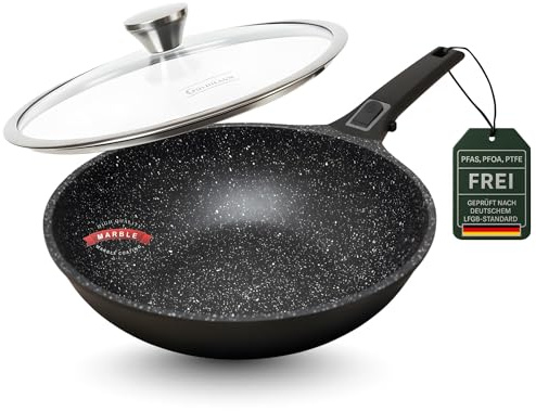 Goldmann Wokpfanne 28 CM mit abnehmbarem Griff & Glasdeckel – Aluminiumguss, Keramik Antihaftbeschichtung, Induktion geeignet & spülmaschinenfest