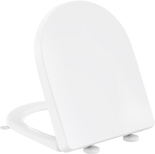 YEAUPE PRO Asiento de inodoro en forma de D de cierre suave, asiento de polipropileno blanco con bisagras de liberación rápida para una fácil limpieza, fijaciones ajustables antideslizantes, cierre