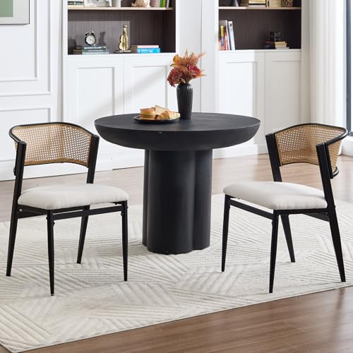 DAYALANE Rattan Esszimmerstühle 2er Set, Vintage Küchenstuhl Polsterstuhl mit Holzbeinen, Leinen Essstühle für Esszimmer Wohnzimmer Küche Schlafzimmer, Beige