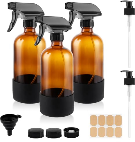 ASelected 3 Pack Glass Spray Bottles, 500ml Spray Bottles Empty Amber Glass Misting Sprayers with 2 Trigger Nozzles, 3 Caps, Funnel and 1 Label Sticker for Cleaning, Hair Care
