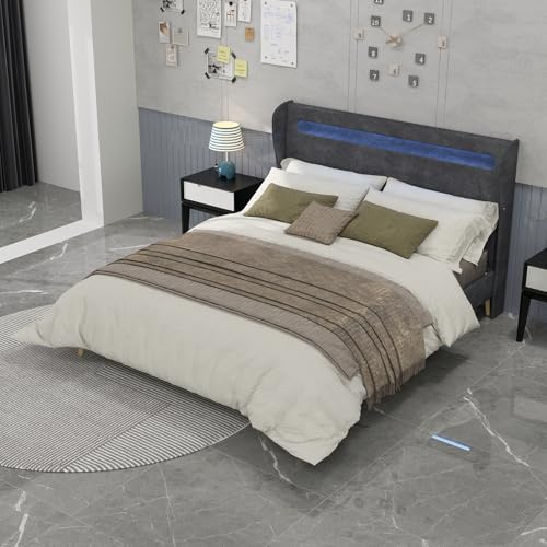 Letto Imbottito Minimalista con Testiera Morbida e LED Integrato,Design Moderno Multifunzionale,Letto per Camera da Letto e Appartamento,Base Bassa Senza Contenitore (No Gas Lift),Grigio,160.200 cm