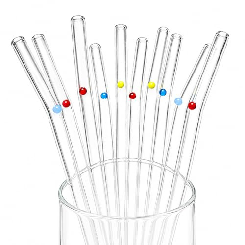 GET FRESH Reusable Glass Drinking Straws – 10pcs Borosilicate Transparent Bent Straws Set with Colourful Dot Charms for Cocktails & Drinks