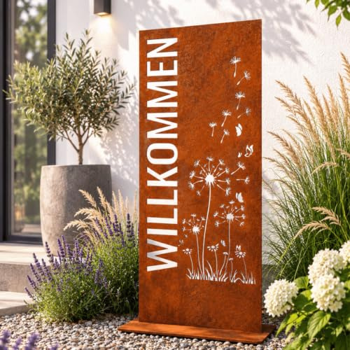 Terma Stahldesign Stele 120x50 cm Willkommen Pusteblume Roststahl mit Bodenplatte Sichtschutz Gartenschild Gartendeko Edelrost Handmade Germany