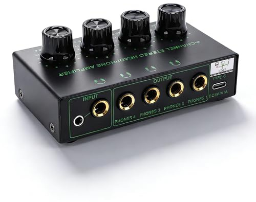 Dpofirs Amplificatore per Cuffie a 4 Canali, Amplificatore Audio Stereo, Ingresso e Uscita Stereo/TRS da 1/4 Pollici
