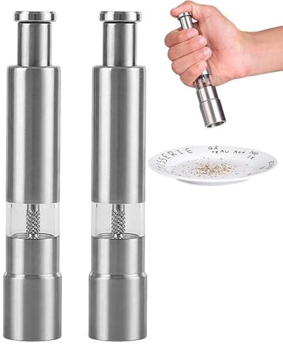 Macinino per sale e pepe – Acciaio inossidabile 15,3 x 2,8 cm | Macinino a una mano, macinino per spezie con bottone | Set singolo o in 2 pezzi per cucina, sala da pranzo, barbecue, uso domestico o a