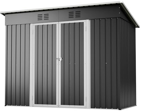 Geräteschuppen Metall 229x111x182 cm, 4,63 m³ Gerätehaus mit Pultdach, Fundament und Drehtüren, Wetterfester Gartenschuppen für Fahrrad & Gartengeräte, Anthrazit