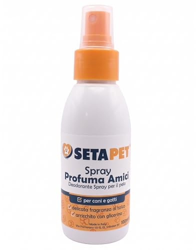 Profumo per Cani e Gatti SetaPet - Spray Deodorante Elimina Odori a Lunga Durata, Fragranza Delicata al Talco con Glicerina Idratante, Rinfrescante per Pelo e Cute, 100ml
