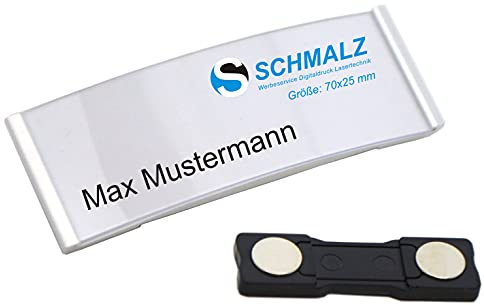Schmalz Namnskylt Relax av aluminium | med stark magnet | dubbelmagnet | silver anodiserad | professionell kvalitet | fashionabelt välvd | 70 x 25 mm | med pappersinsättning | namnskyltar | ädel|