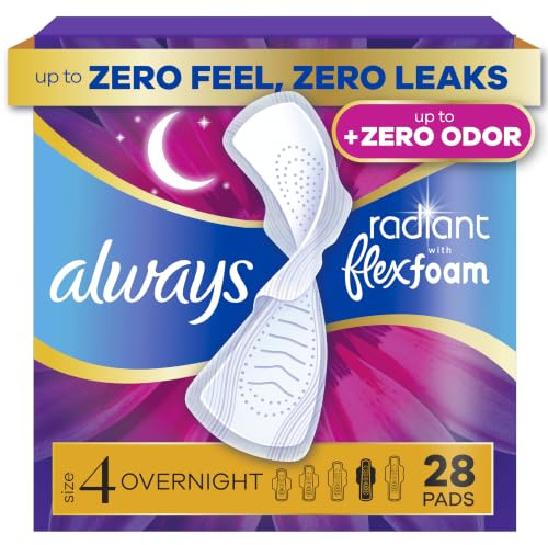 Always Radiant Feminine Pads for Women, Flexfoam Pads with Wings, Size 4, Overnight Absorbency, Lightly Scented, 28 Count