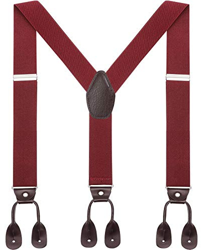 Herren Hosenträger breit mit Leder Knopfloch - Elastische und verstellbare Länge Y Form mit 6 Tasten für Herren (Wein rot)