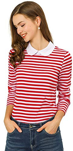 Allegra K Women's Striped Cute Shirts Peter Pan Collar Casual Trendy Fitted Long Sleeve Top Small Red