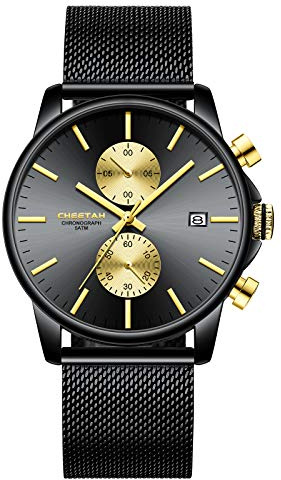 Affute Herren-Armbanduhr, modisch, sportlich, Quarz, analog, schwarzes Mesh, Edelstahl, wasserdicht, Chronograph, automatische Datumsanzeige