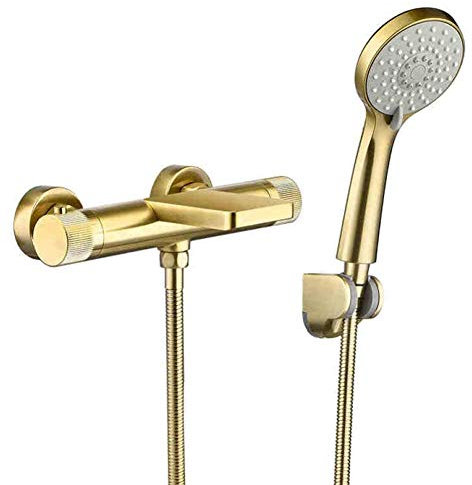 Badewanne Wasserhahn, Messing Wasserfall Dusche Wasserhahn, Thermostatventil 3 Funktionen Handbrausen-Set, Wand-Bad-Duschset,Brush golden