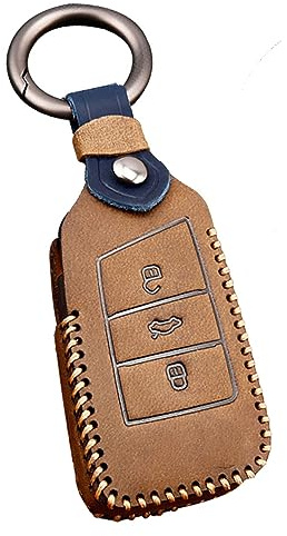 ontto Rindsleder Autoschlüssel Hülle Cover für VW Magotan Passat B8 CC Golf 7 Tiguan MK2 Jetta Skoda Superb A7 Kodiaq Schlüsselhülle mit Schlüsselanhänger Schlüssel Schutz Etui Fernbedienung-Braun
