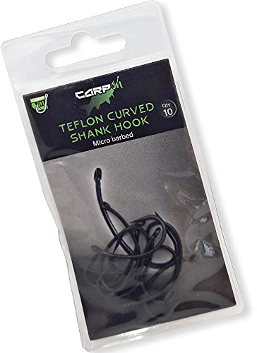 Carp On - Pack of 10 Eyed Fishing Hooks Made From Teflon Coated Carbon Steel - CURVED SHANK Micro Barbed Classic Design – (10 x Size 10) [14-7110]