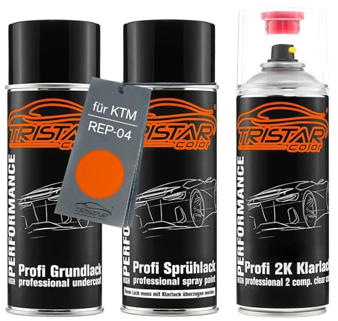 TRISTARcolor Motorradlack Spraydosen für KTM REP-04 Orange + 2K-Klarlack | Set aus Grundlack + Basislack + 2K Klarlack, Sprühdosen 400ml