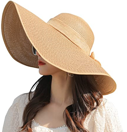 Bamboopack - Cappello in paglia pieghevole da donna con tesa larga e fiocco UPF 50+ (kaki)
