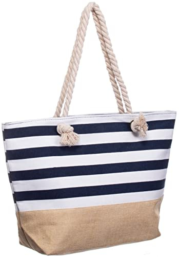 Brandsseller Strandtasche Badetasche Maritim mit Reißverschluss Canvas ca. 50x36x15 cm Schultertasche Einkaufstasche Badetasche